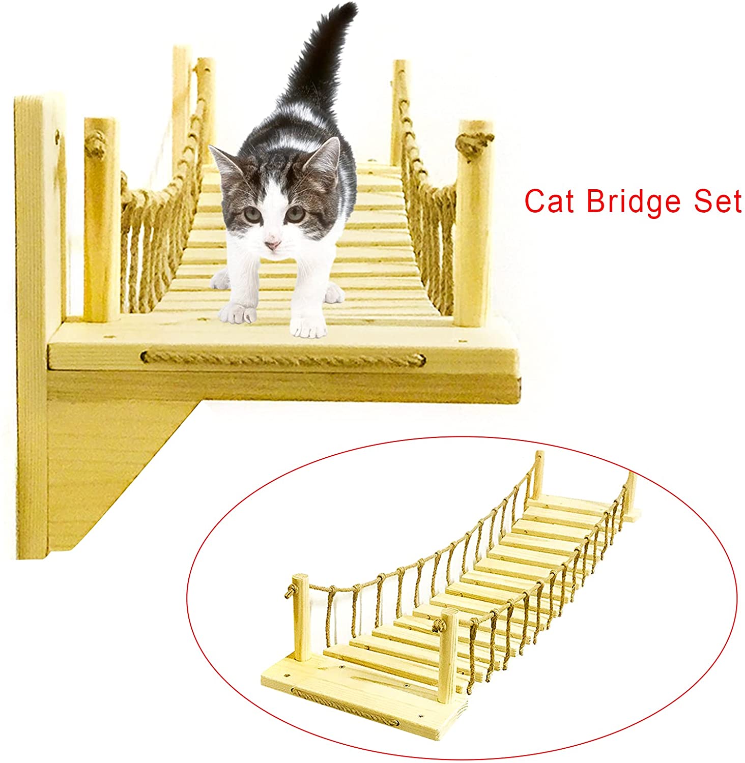 Miumaeov Cat Bridge Climbing Frame Wood Tree House Bed Hammock Toy Wall Mounted