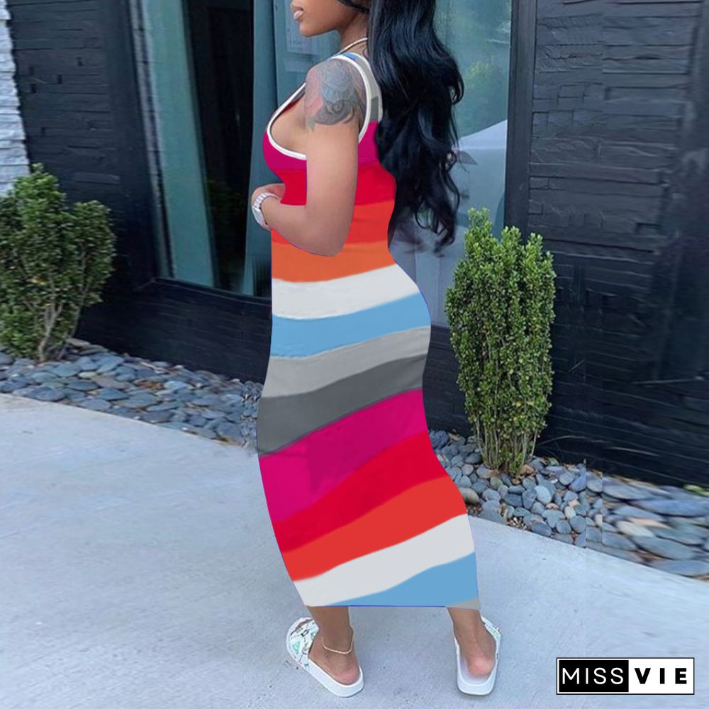 Summer Contrast Color Striped Sleeveless Bodycon Long Dress