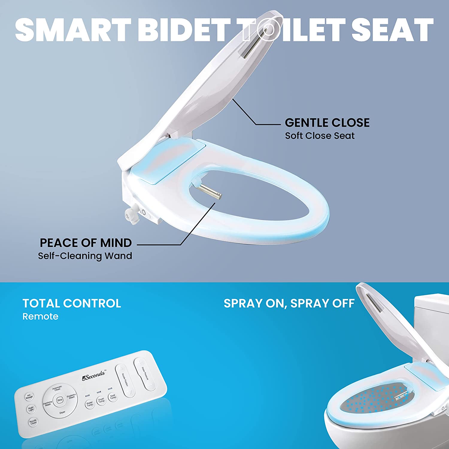 Electric Smart Bidet Toilet Seat Elongated, White, Soft Close Bidet. Arced Stainless Steel Nozzle, Multifunctional