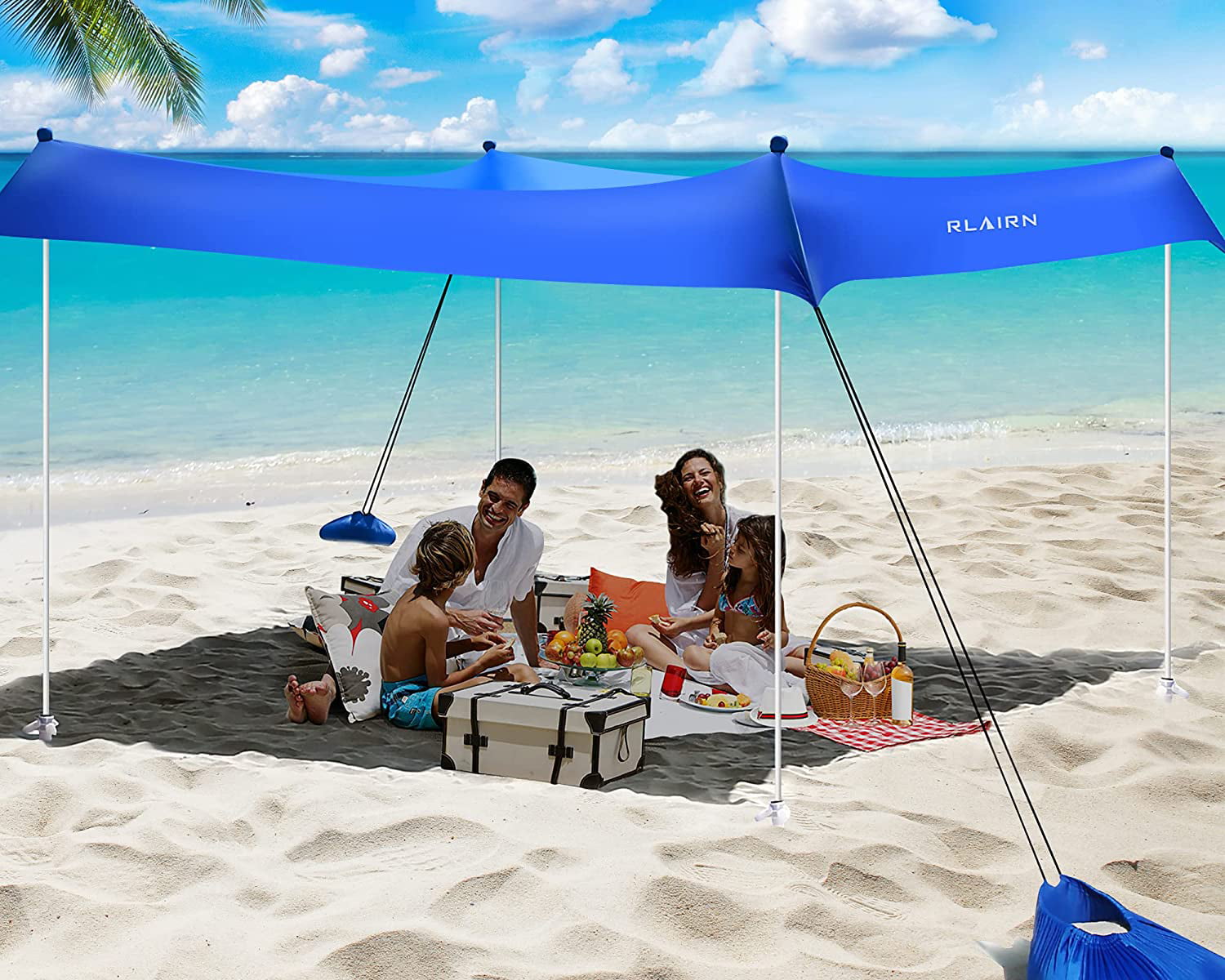 RLAIRN 10 x 10 ft Pop up Beach Tent Sun Shelter， UPF50+ Rain Resistant Beach Canopy Tent Gazebo Shade with 4 Foldable Poles， Sand Bag， Sand Shovel and Carry Bag for Beach and Backyard，Deep Blue