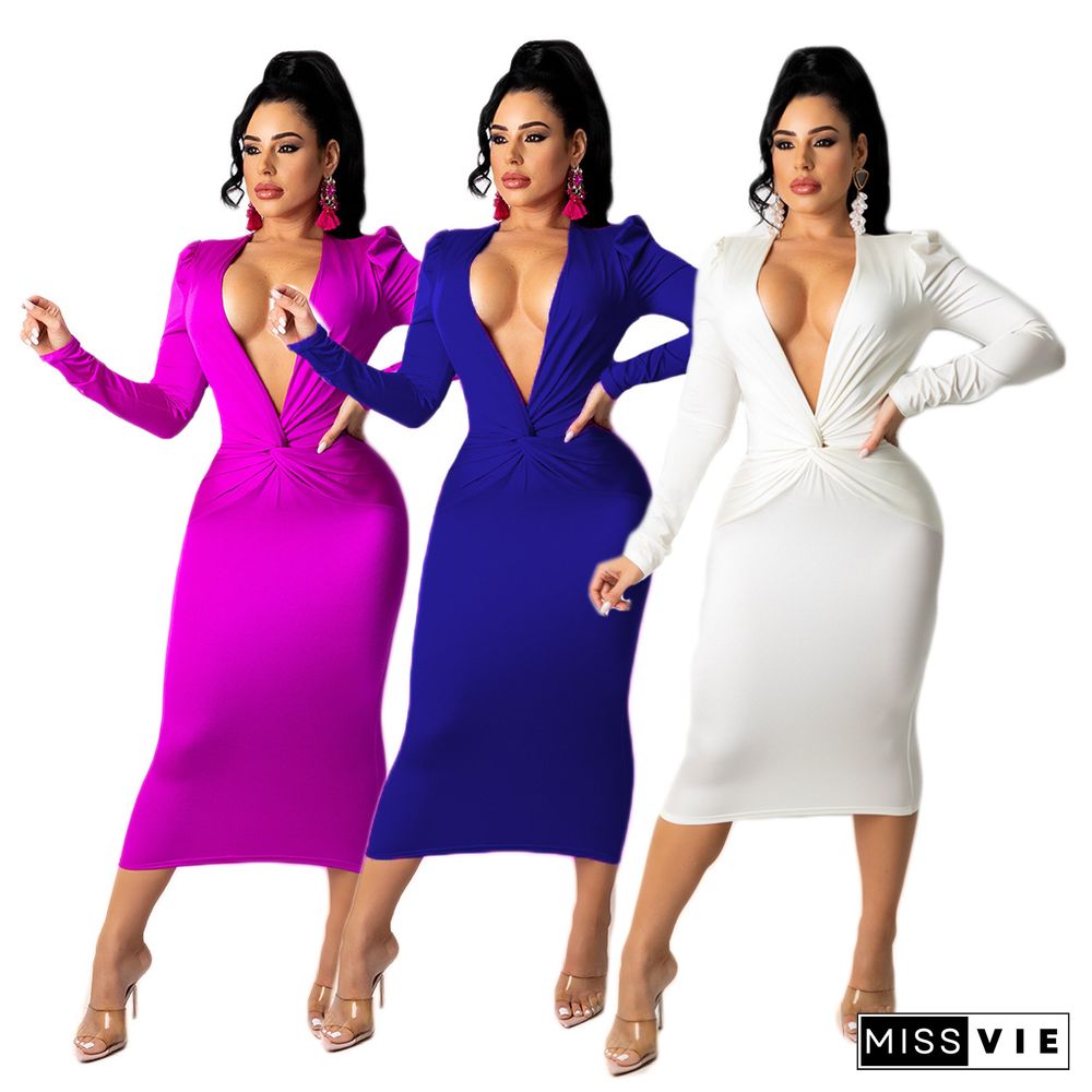 Elegant Women Solid Color Sexy Deep V Neck Long Sleeve Knot Front Body-Shaping Club Maxi Dress