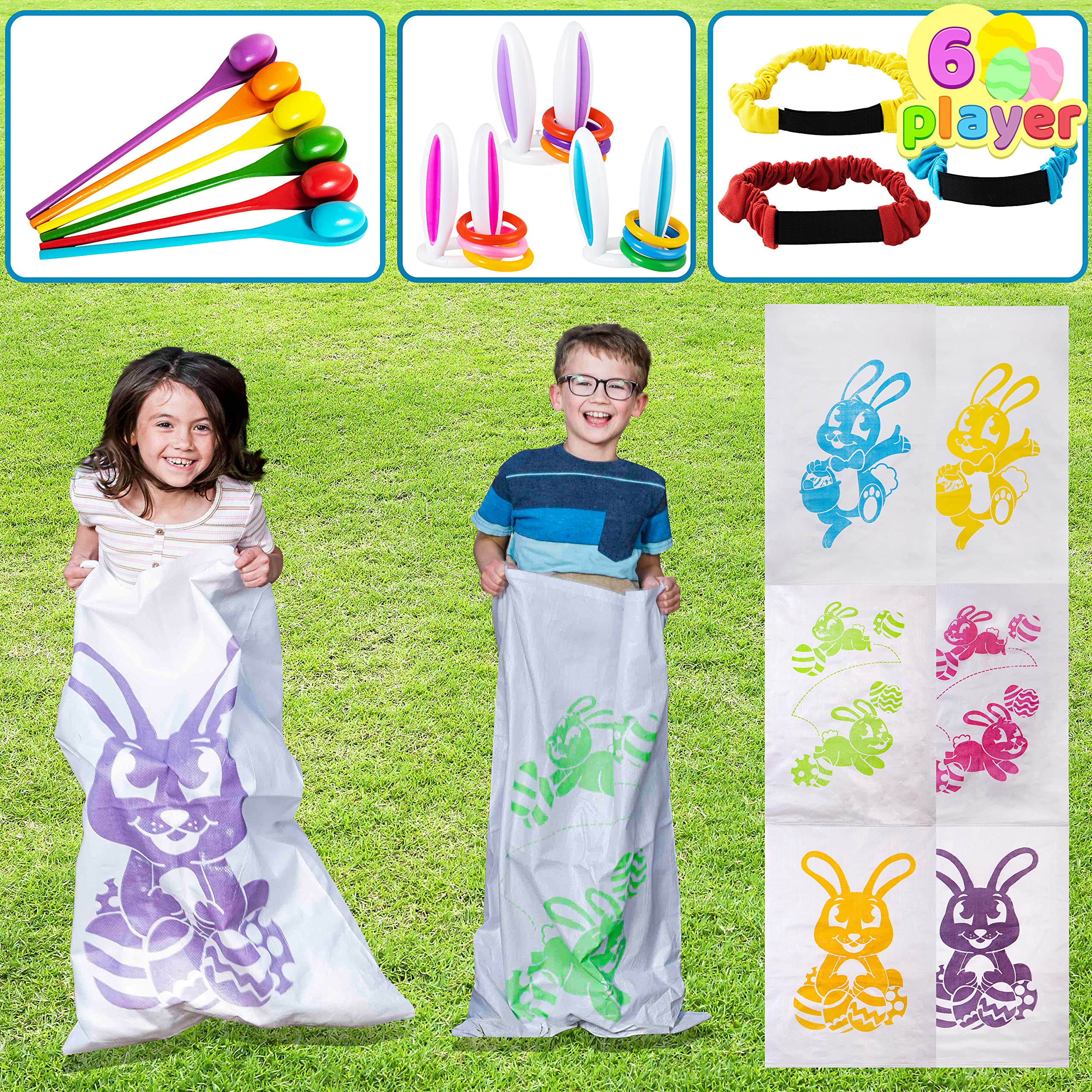 JOYIN 6 Player Potato Sack Race Jumping Bags， Spoon and Egg Race， Legged Relay Race Bands Elastic Tie Rope for Easter Theme Party Favor， Outside Lawn Games， Easter Eggs Hunt Game Activities