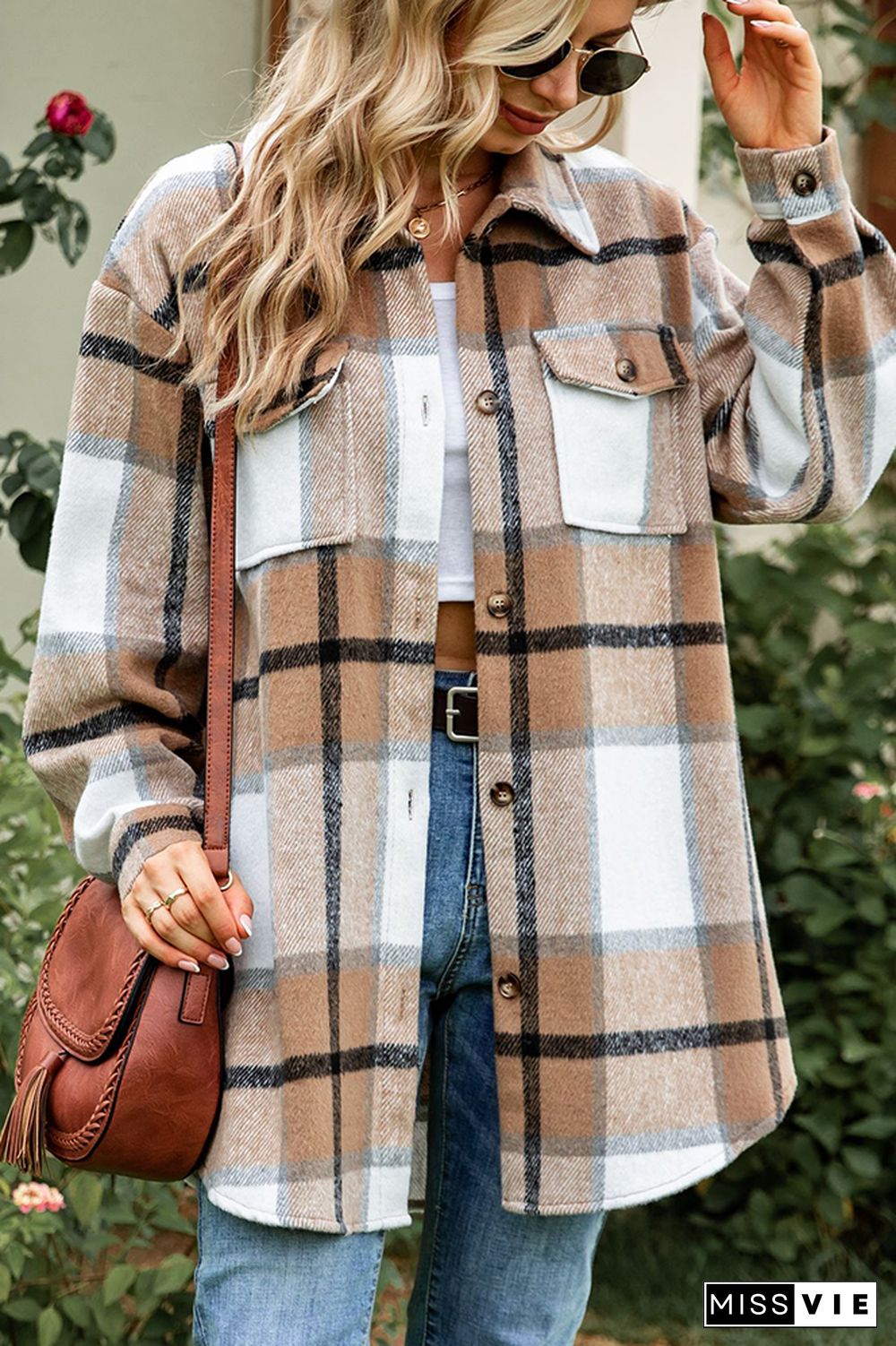 Button Pockets Plaid Shacket Jacket