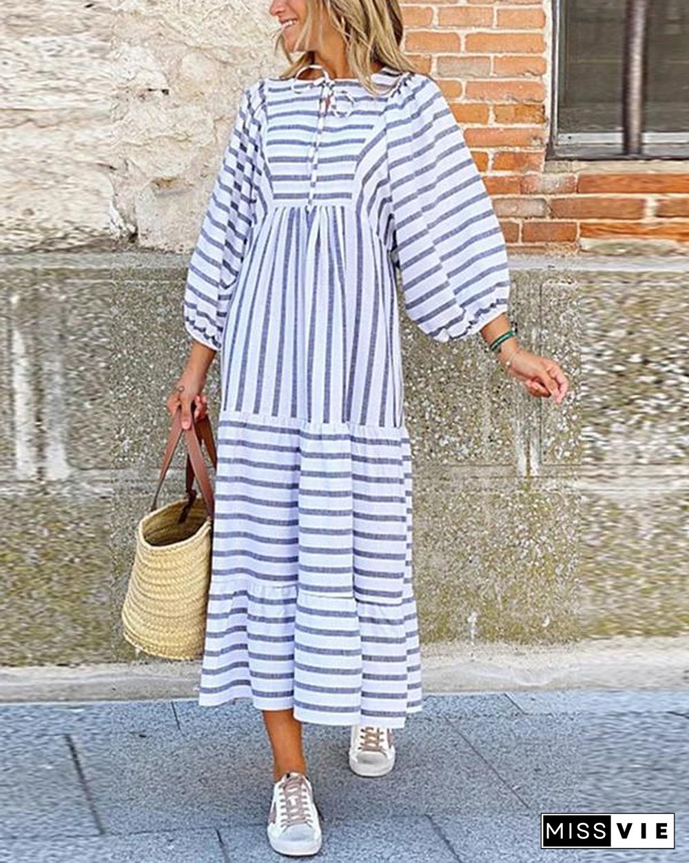 Striped Lace Up Lantern Sleeve Maxi Dress