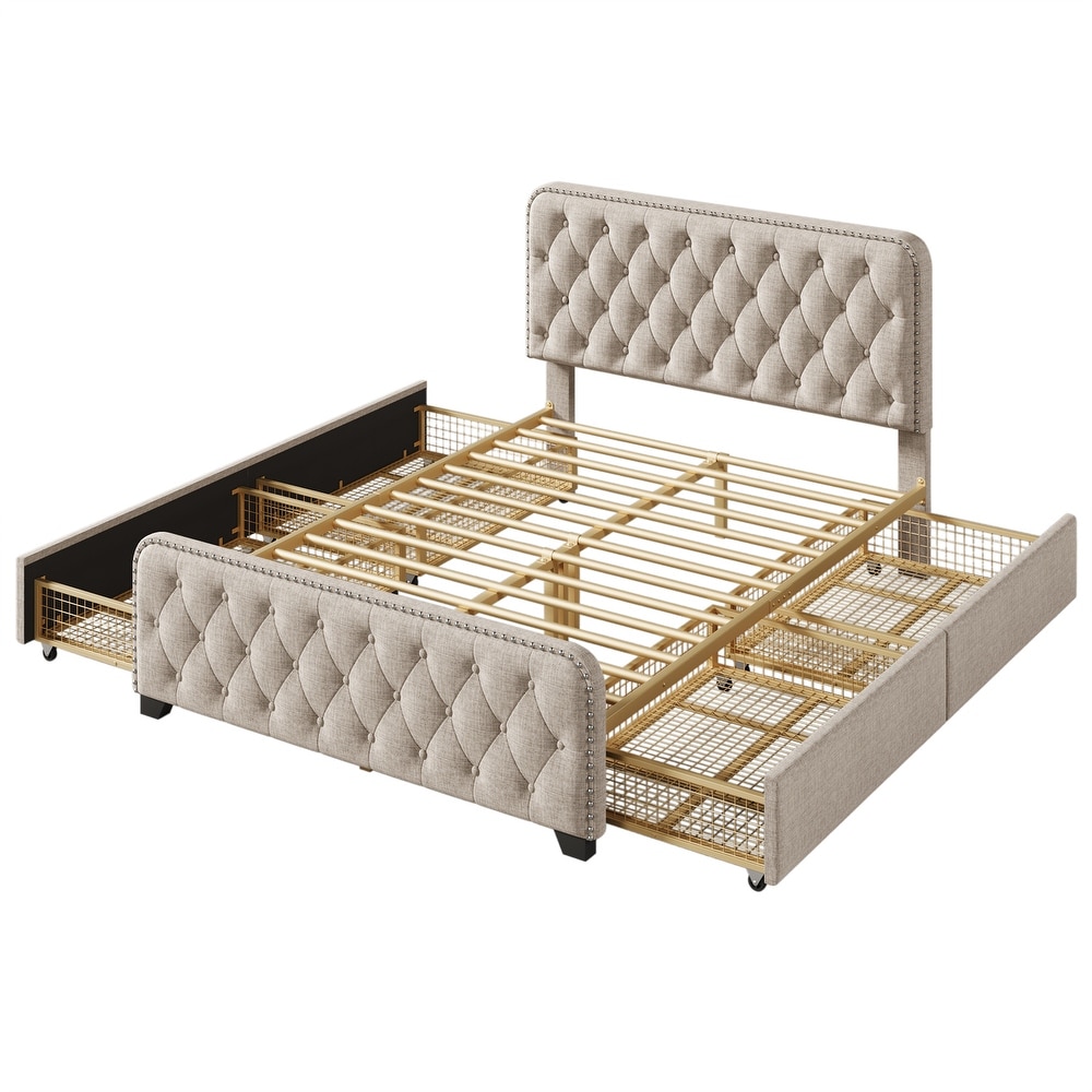 Full Upholstered Platform Bed Frame with Storage Drawers