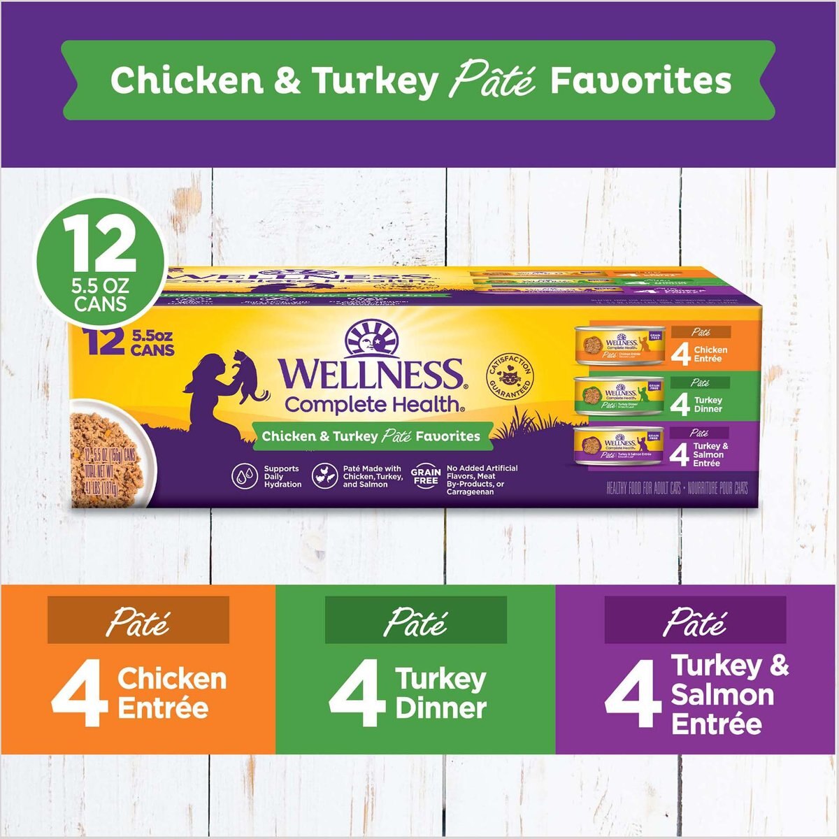 Wellness Complete Health Poultry Favorites Variety Pack Grain-Free Wet Cat Food， 5.5-oz can， case of 12