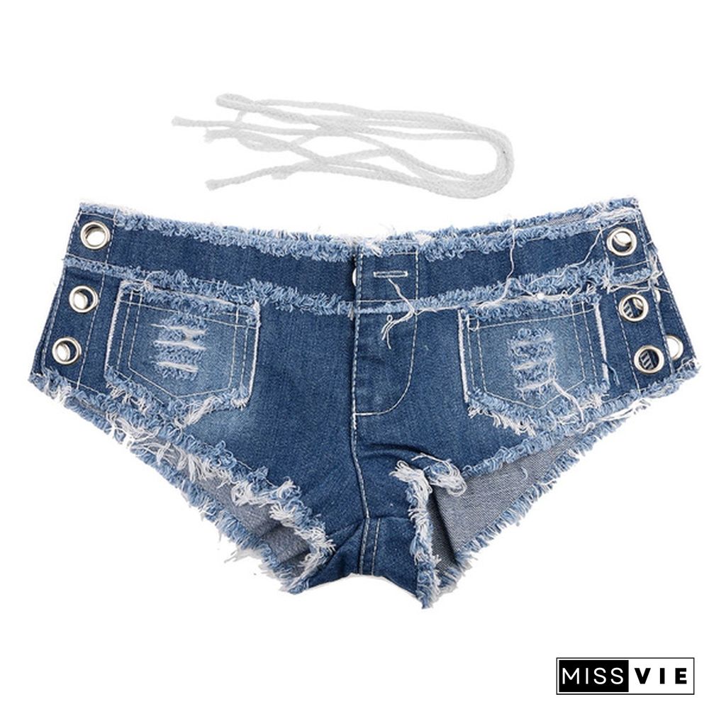 Women Sexy Denim Side Lace-up Super Short Jeans Low Waist Skinny Hot Pants New