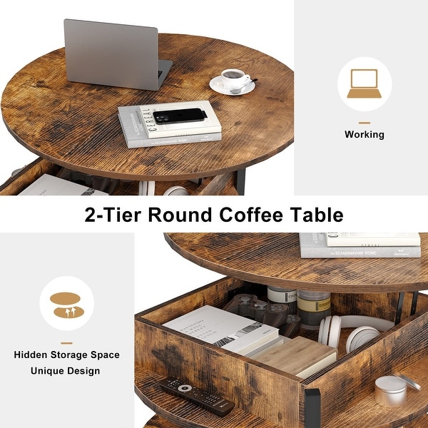 Round Lift Top Coffee Table for Living Room， 35.43'' Round Coffee Table with Storage and Hidden Compartment - as picture