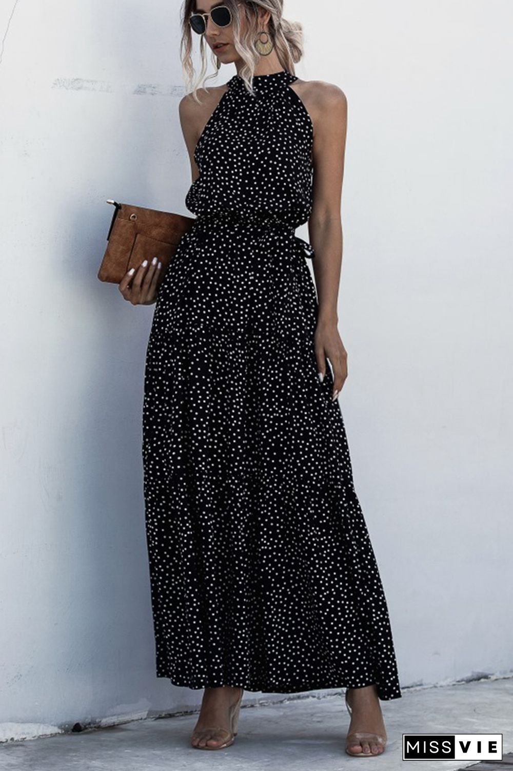 Halter Polka Dot Print Tie Waist Maxi Dress Wholesale