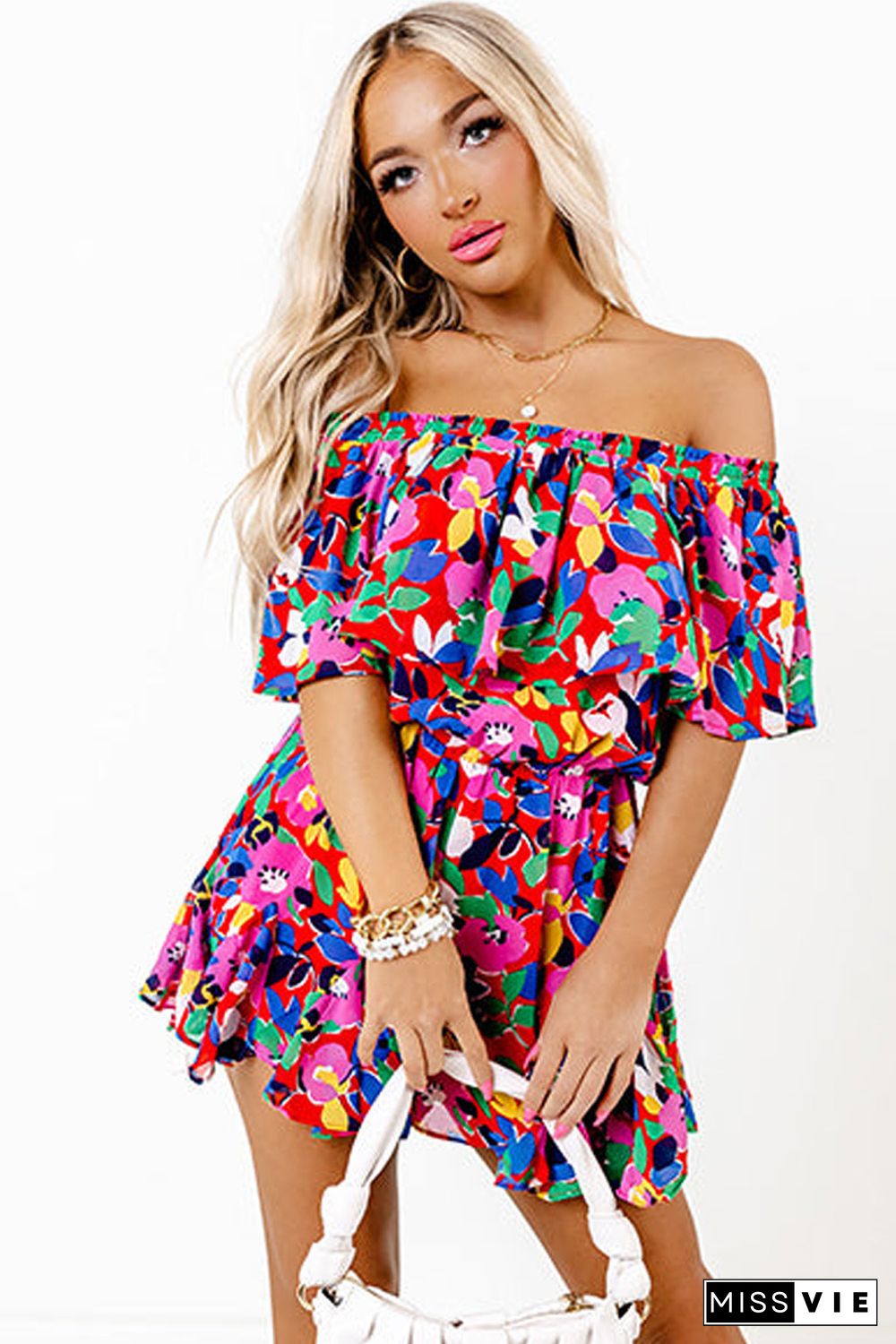 Red Floral Off Shoulder Short Sleeves Ruffle Romper