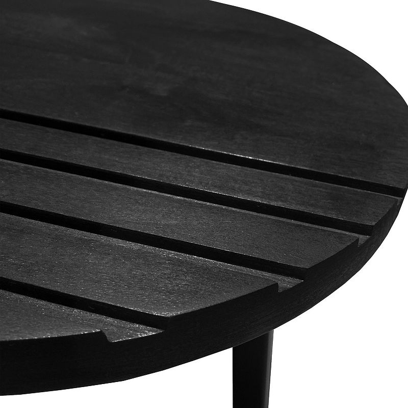 18 Inch Round Mango Wood Side End Table， Grooved Design， Metal Legs， Black