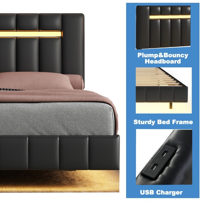 PU Upholstered Platform Bed with LED Lights and USB Charging Queen Size