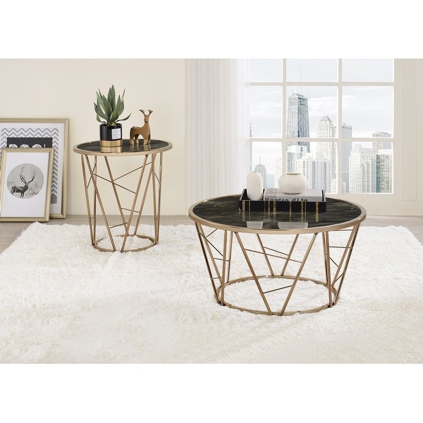 Modern Style Cicatrix End Table， Faux Black Marble Glass and Champagne Finish