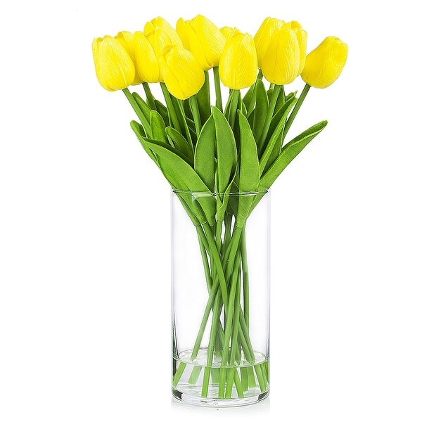 Enova Home Artificial Real Touch Tulips Fake Silk Flowers Arrangement in Clear Glass Vase with Faux Water for Home Decoration