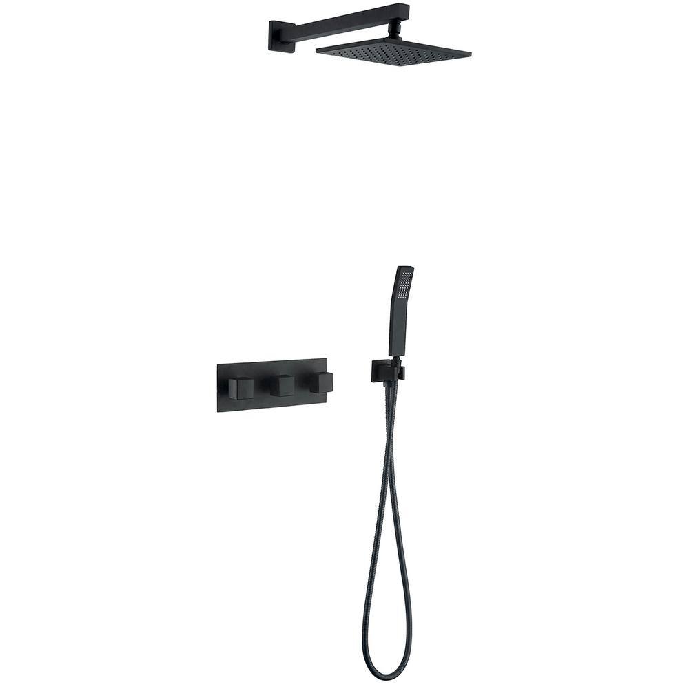 Flynama Modern Wall Mounted Shower Kit 1-Spray 10 in. Square Rain Shower Head with Hand Shower in Matt Black (Valve Included) RB07HS4B