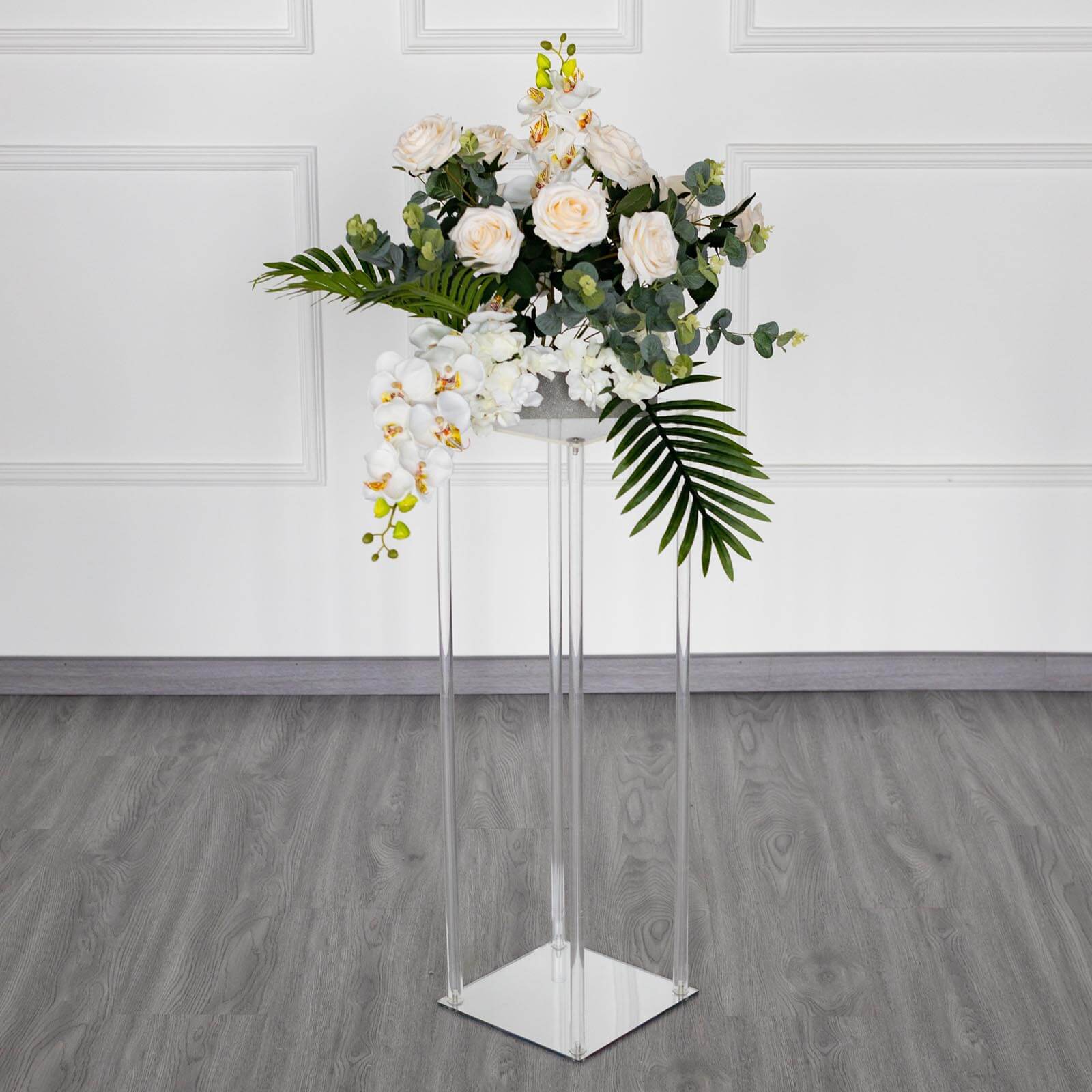 Clear Acrylic Floor Vase Flower Stand With Square Mirror Base, Wedding Column 32