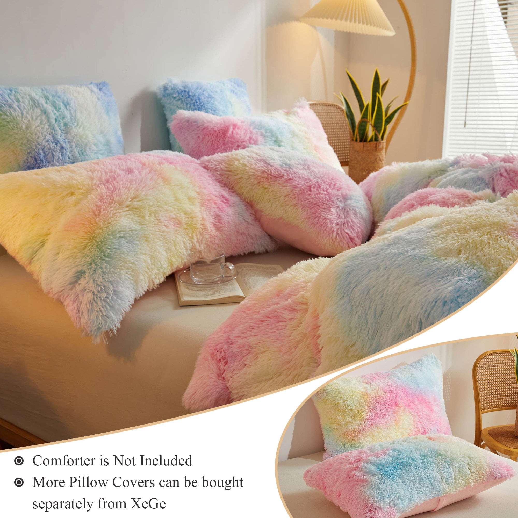 XeGe Tie Dye Plush Shaggy Duvet Cover Set， 3 Pieces Soft Velvet Fluffy Furry Bedding Set Rainbow Print(1 Multicolor Faux Fur Fuzzy Comforter Cover + 2 Pillowcases)， Zipper Closure(King Size， Rainbow)