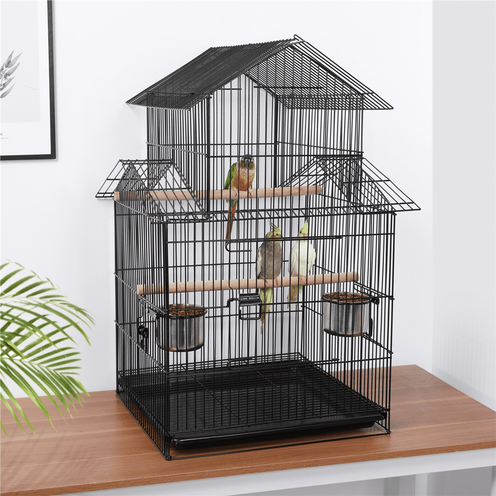 Easyfashion Large Metal Rolling Bird Cage Parrot Aviary Canary Pet Perch With Stand， Black