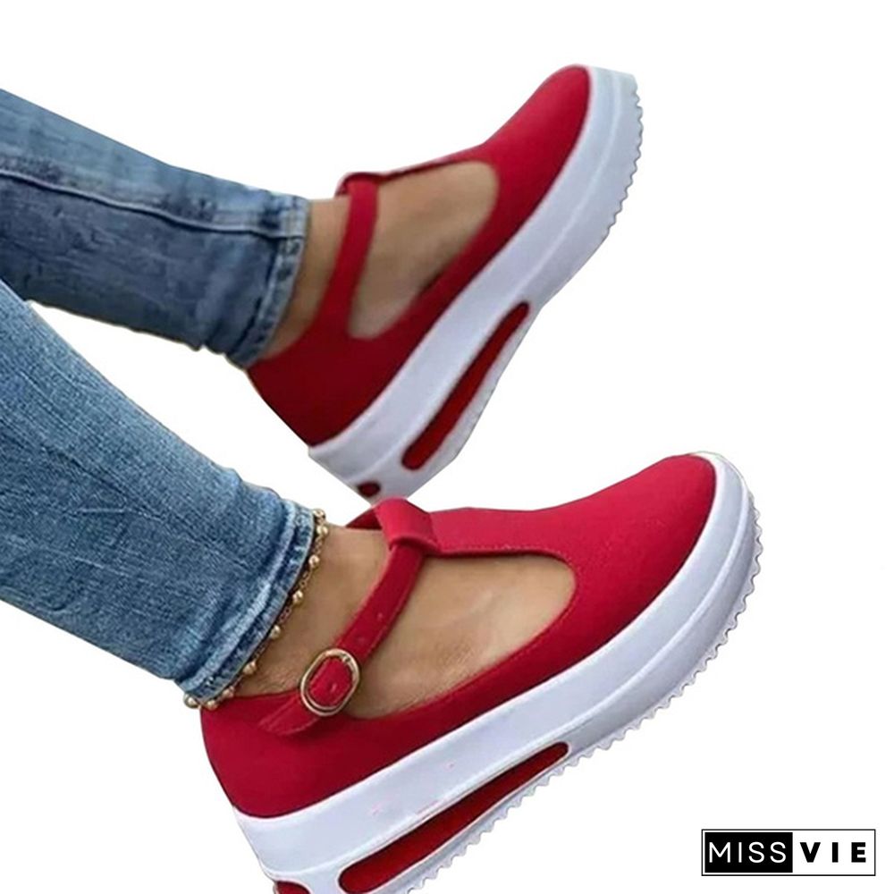 Women Summer Retro Buckle Round Head Wedge Platform Slip-On Sandals Solid Color Slipper Shake Shoes