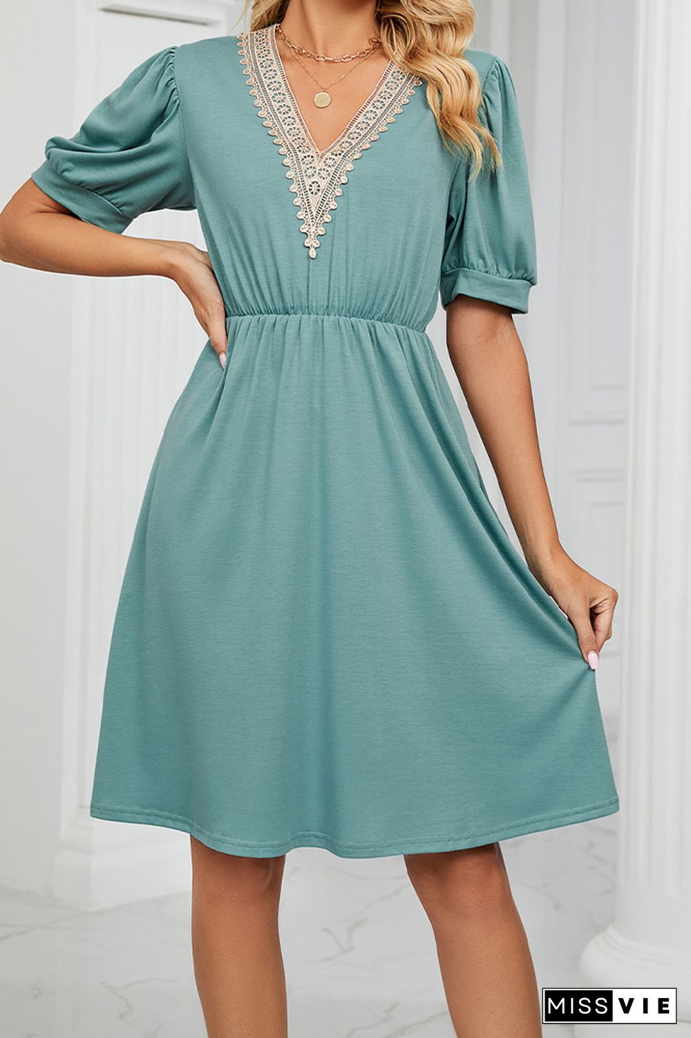 V Neck Lace Edge Pockets T-Shirt Dress