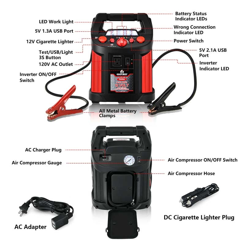 Portable Power Station Jump Starter 1500 Peak/700 Instant Amps, 180 PSI Digital Air Compressor Power Bank Charger Built-in Inverter