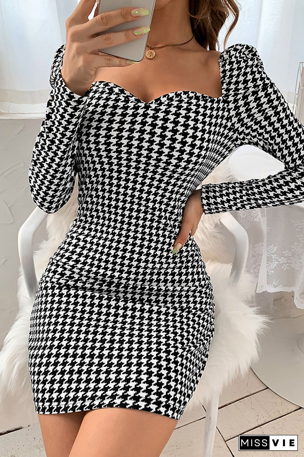 Houndstooth U-neck Long Sleeve Dress Wholesale