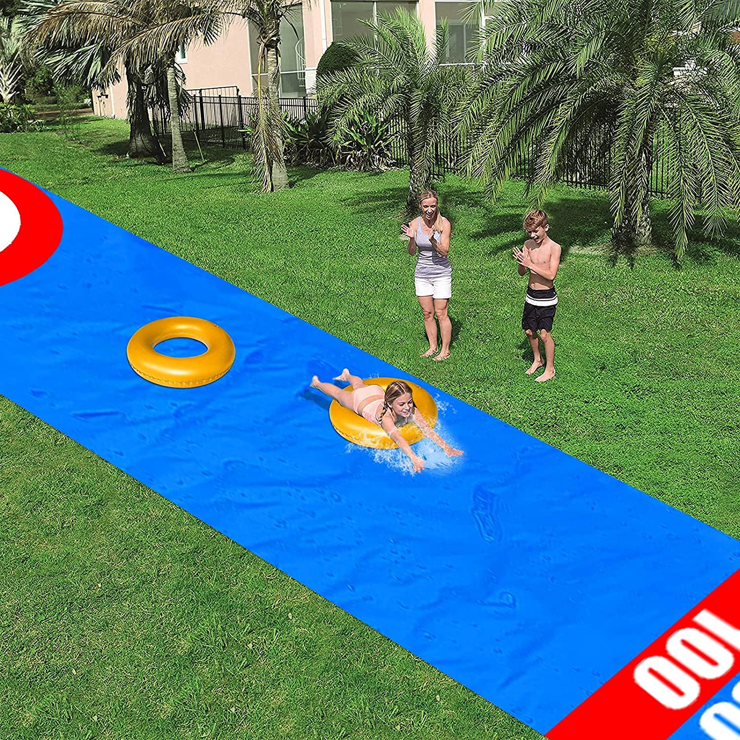 Kids Slip and Slide Water Slide 33ft x 59in Backyard Waterslide with Inflatable Pool Floats Outdoor Water Toys Sliding Racing Lane for Adults Summer Yard Lawn Games