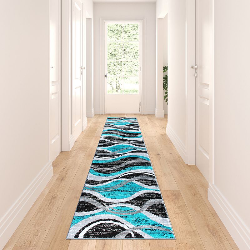 Masada Rugs Masada Rugs Stephanie Collection Area Rug Runner with Modern Contemporary Design 1109 in Turquoise， Gray， Black and White - 2'x11'