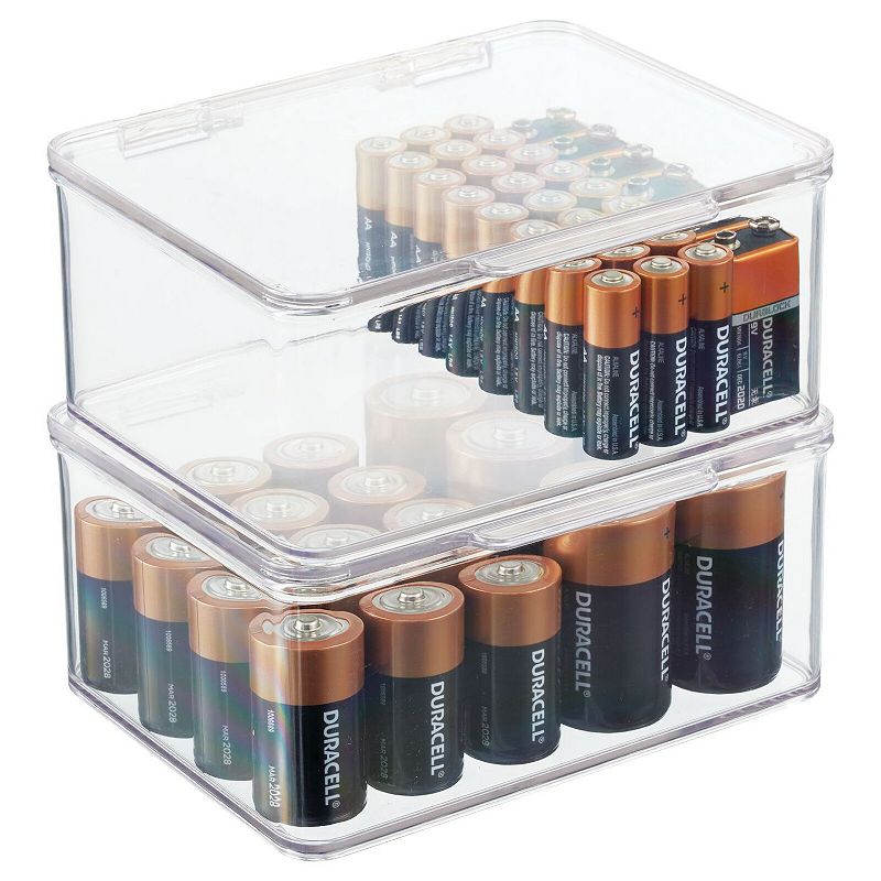 mDesign Plastic Stackable Divided Battery Storage Organizer Box， 2 Pack - Clear