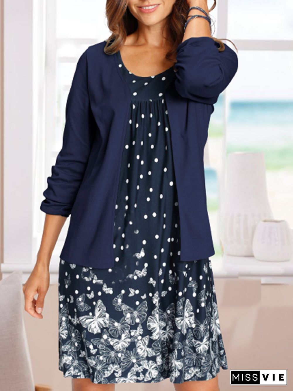 Women Polka Dots Casual Autumn Natural Daily Loose Coat With Skirt A-Line Regular Size Two Piece Sets