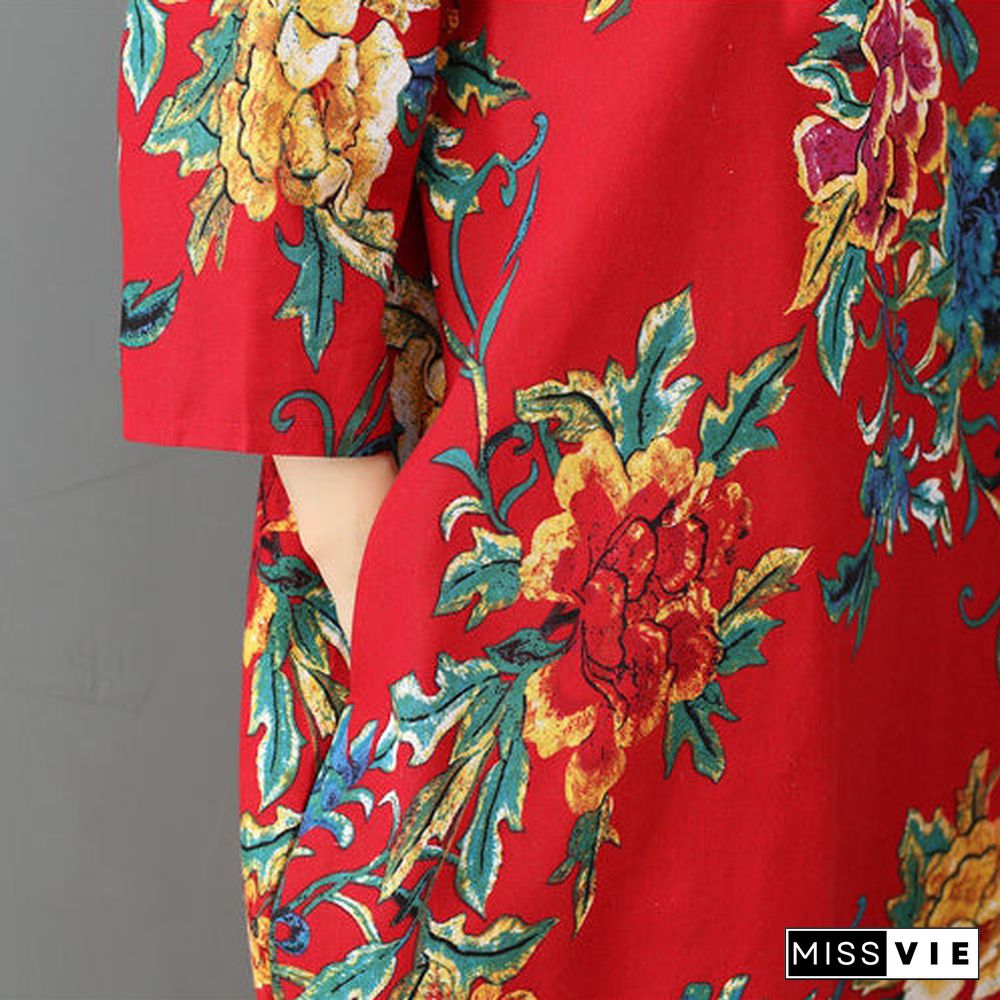 fine red prints Midi-length linen dress trendy plus size holiday o neck linen cotton dress