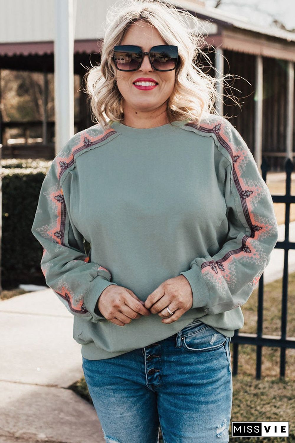 Sky Blue Plus Size Embroidered Patchwork Long Sleeve Sweatshirt