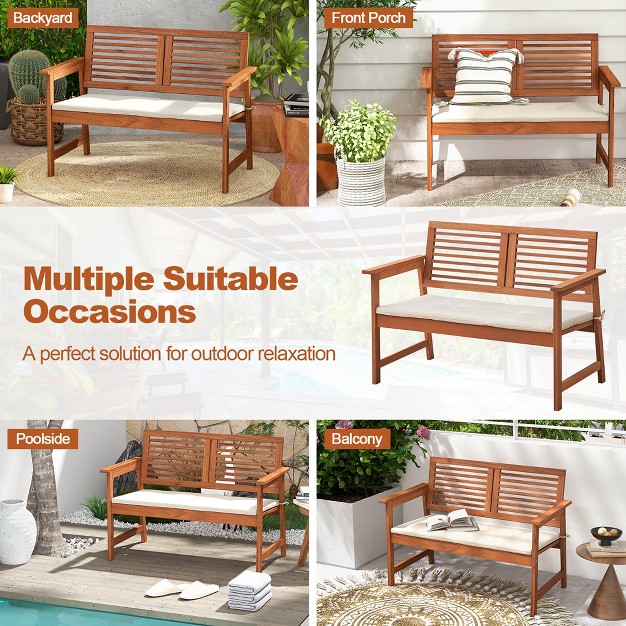 Tangkula Outdoor Bench With Cushion 2 person Patio Bench W slatted Back amp Seat Garden Backyard Balcony