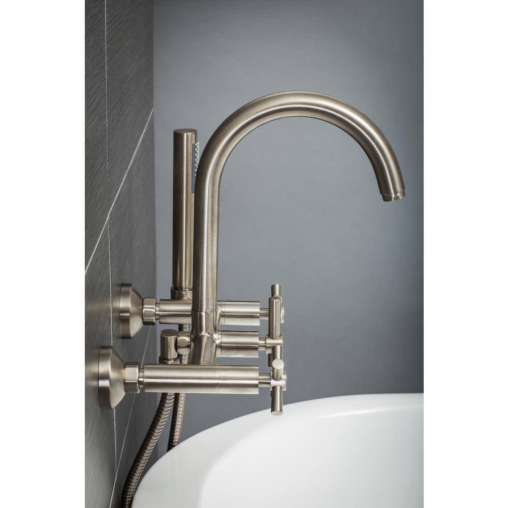 PELHAM  WHITE Modern 3-Handle Wall Mount Tub Faucet with Handshower and Hose Cross Handles in Brushed Nickel PW82411-C-BN