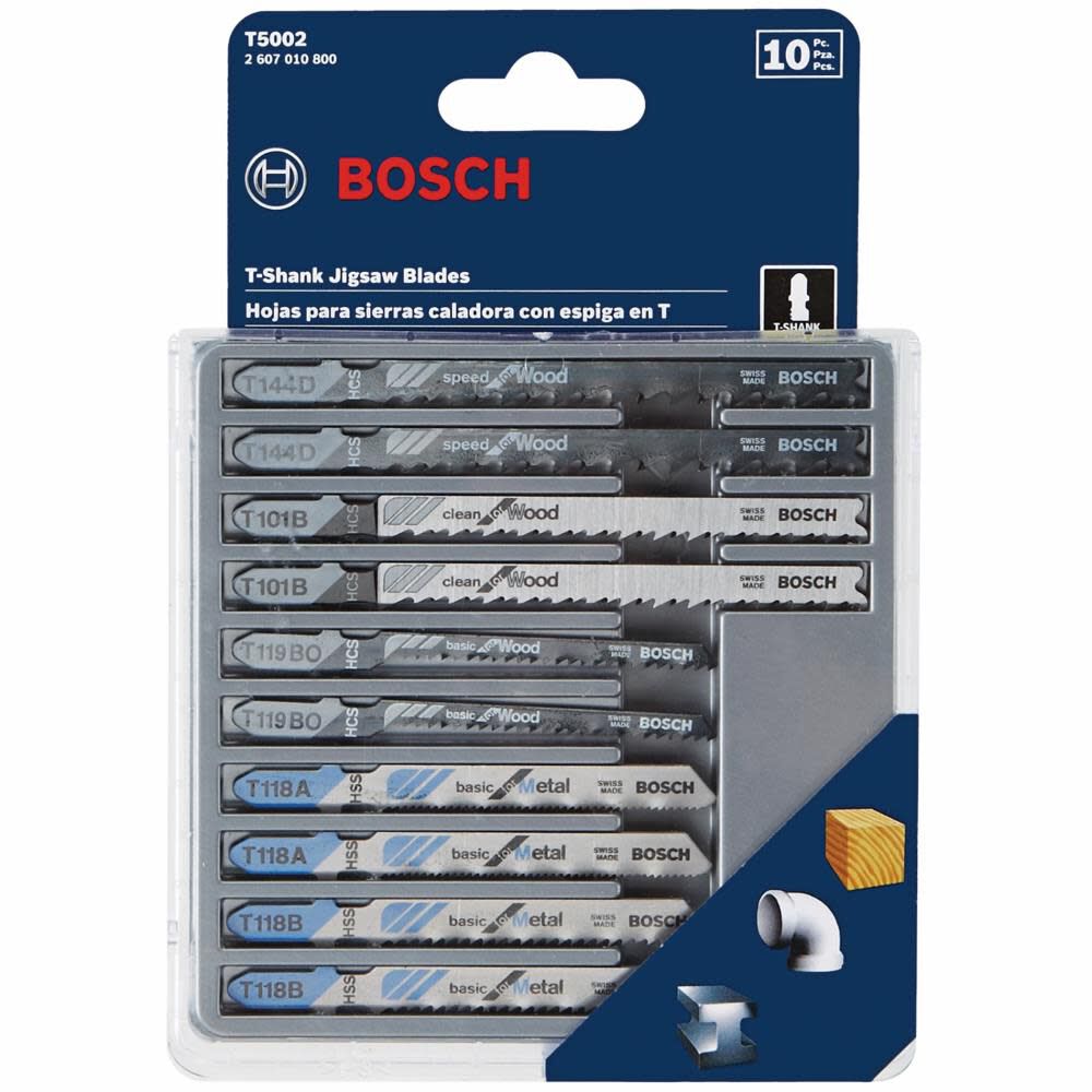 Bosch 10 pc. Wood and Metal Cutting T-Shank Jig Saw Blade Set T5002 from Bosch