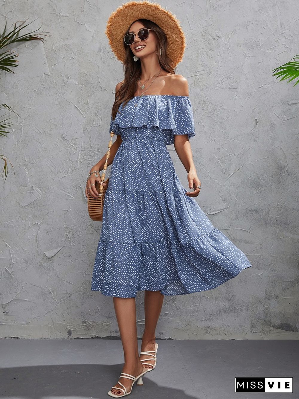 Sexy Chic Slash Neck Strapless Dot Print Dress Women Summer Dress New High Waist Slim Midi A-line Ruffle Short Sleeve Dress