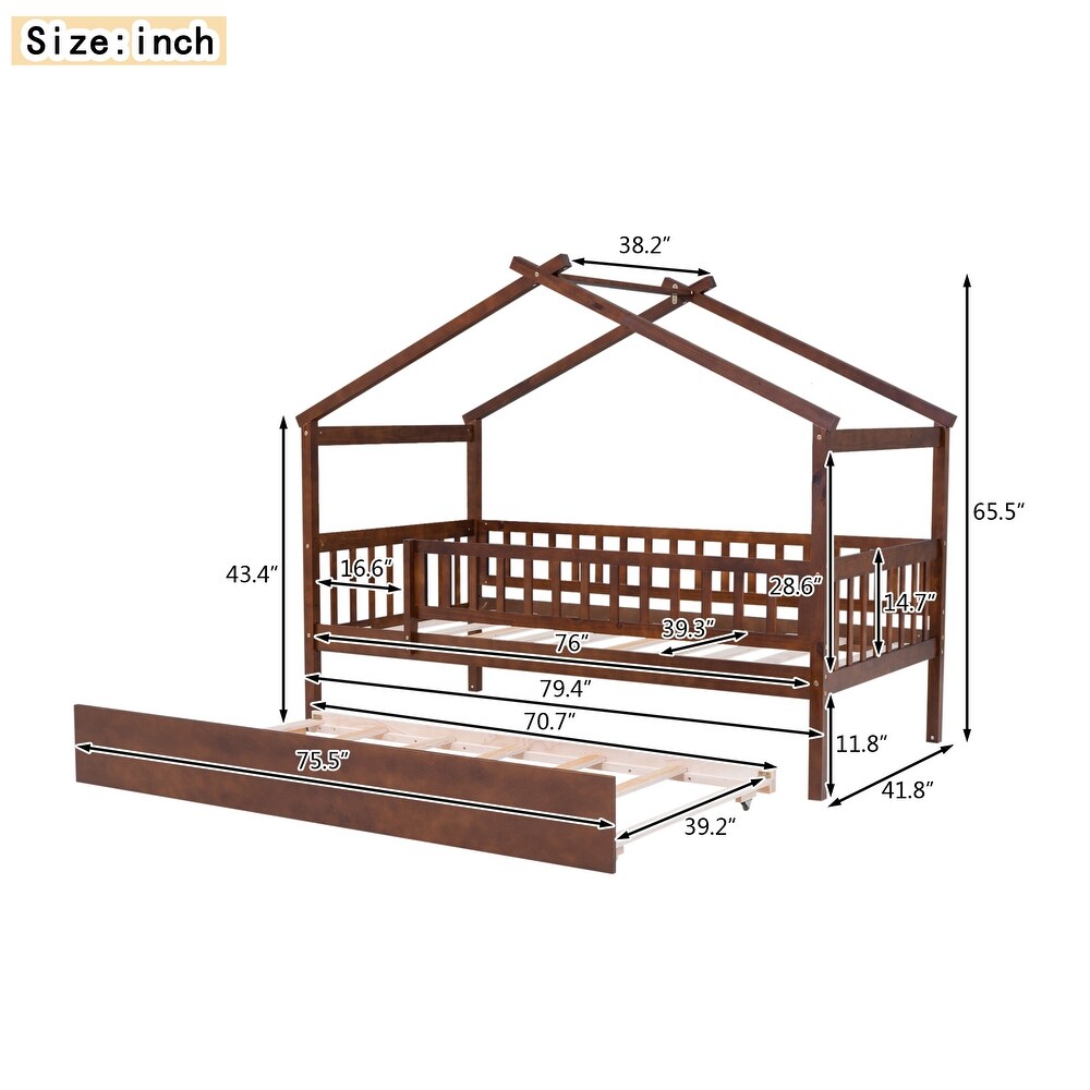 Nordic Twin Size Wooden House Bed with Twin Size Trundle Bed Frame   Safety Guard Rails No Box Spring Needed  Easy Assembly