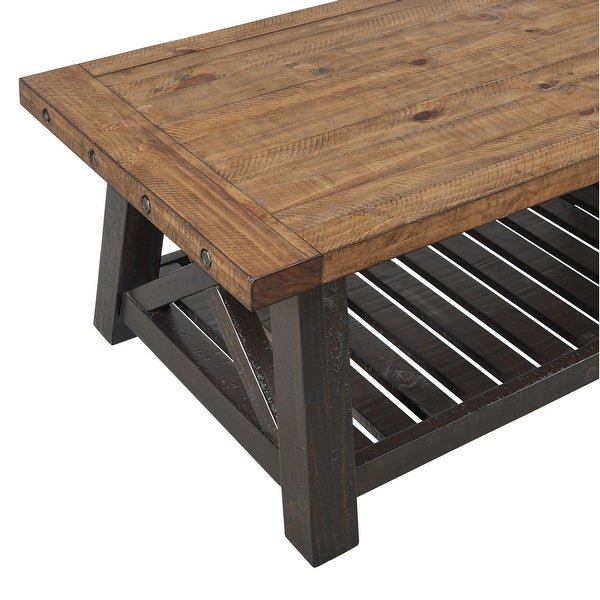 Coffee Table with Slatted Shelf and X Legs， Brown and Black