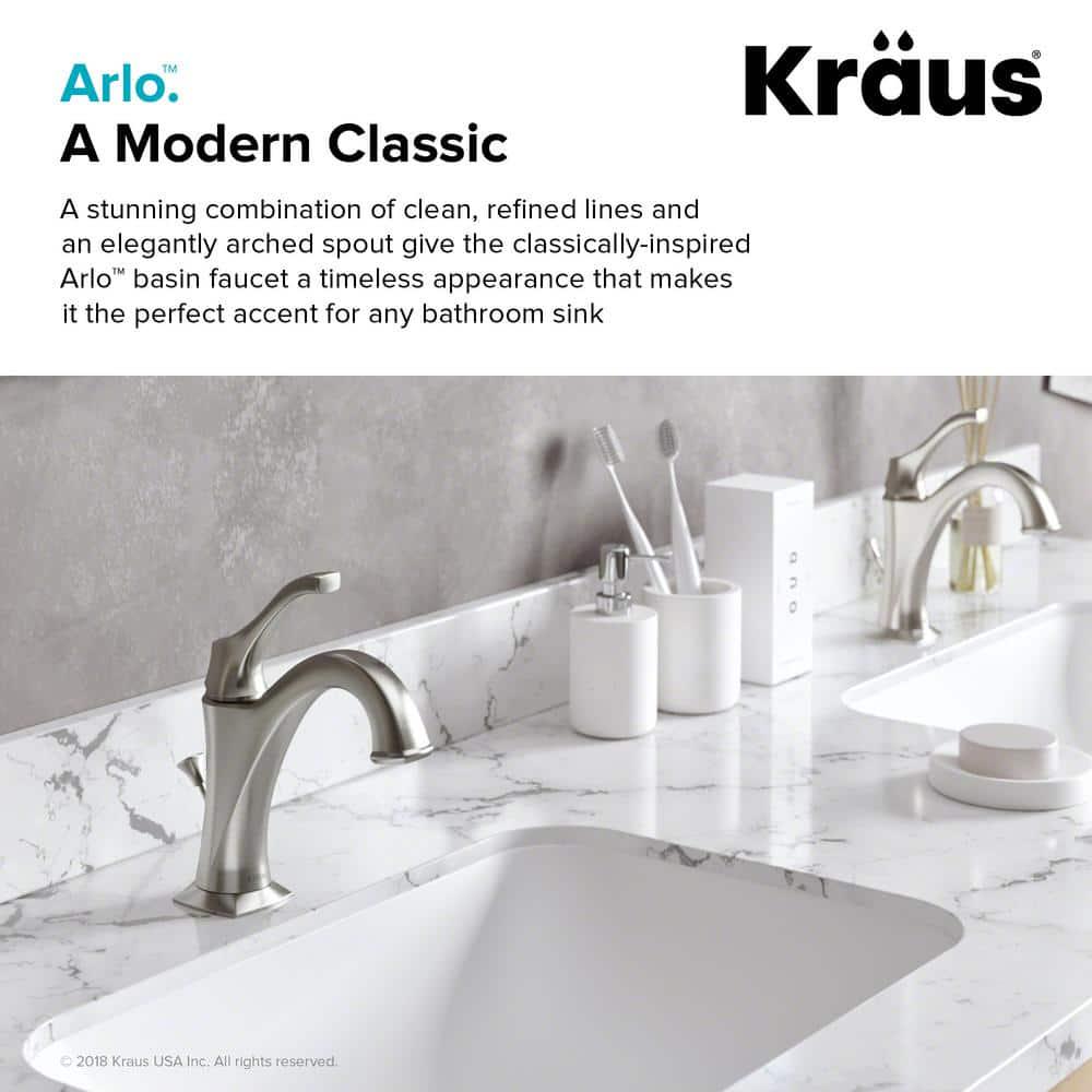 KRAUS Arlo Single Hole SingleHandle Bathroom Faucet with Lift Rod Drain and Deck Plate in SpotFree Brushed Nickel