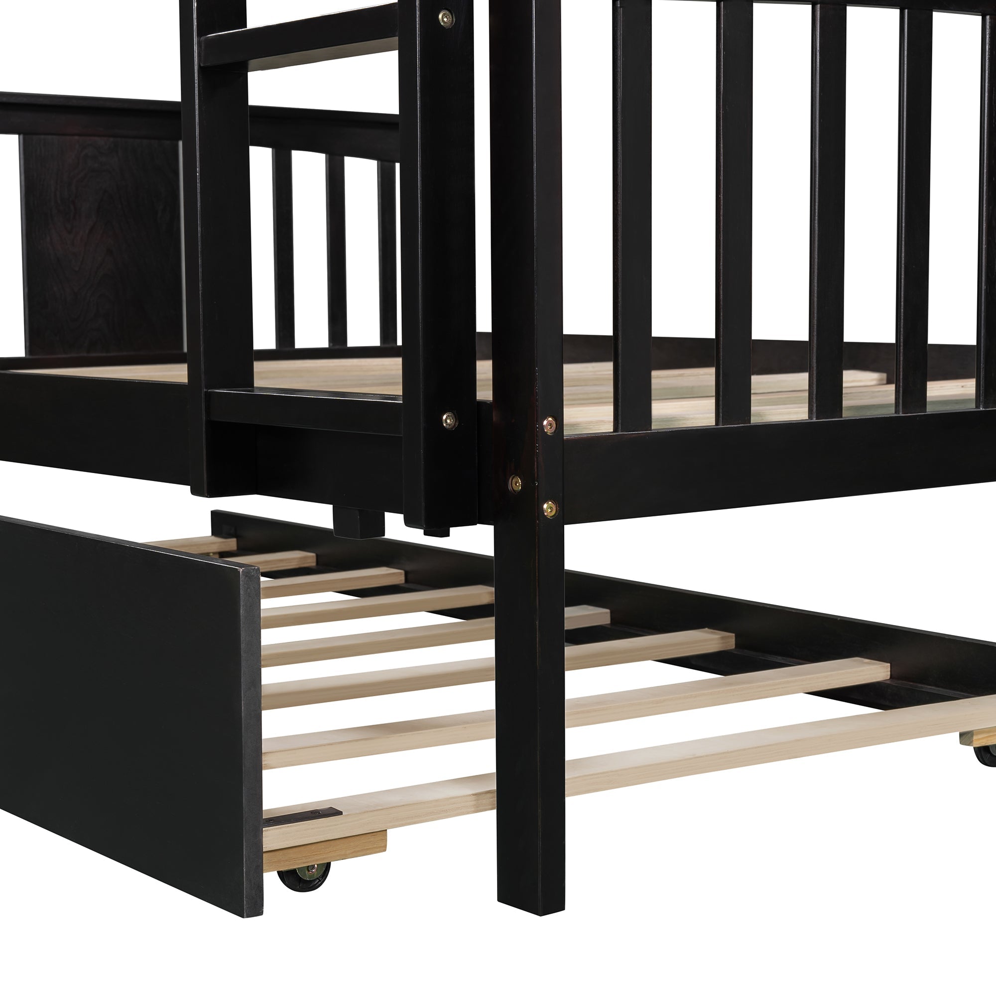 Full Over Full Bunk Bed with Twin Trundle Wood Bunk Bed Frame with Guard Rails and Ladder for Kids Boys Girls Teens Adults, Can be Convertible to 2 Beds,Espresso