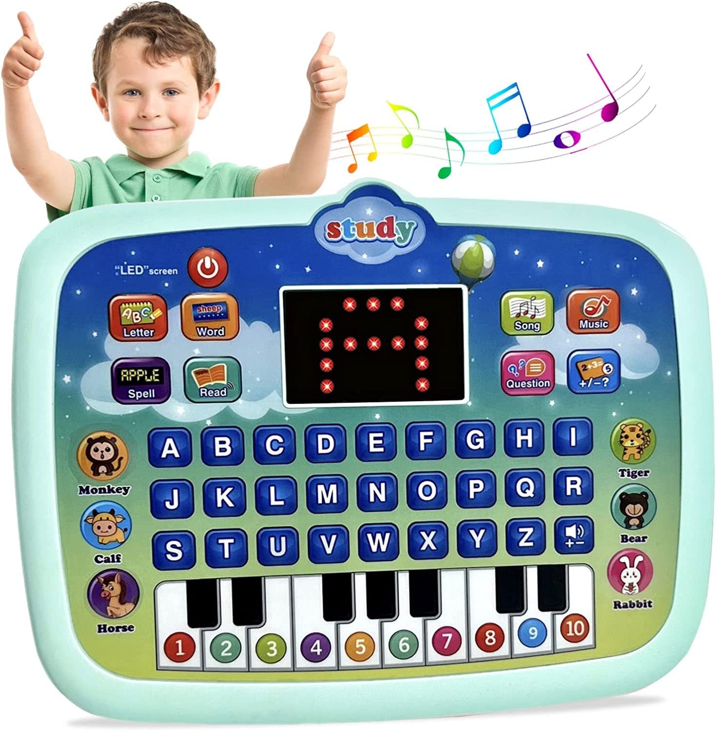 Kid Tablet Toddler Learning Pad Teach Music/Piano/ABC/Numbers，  3+ BoysandGirls Educational Toys Green