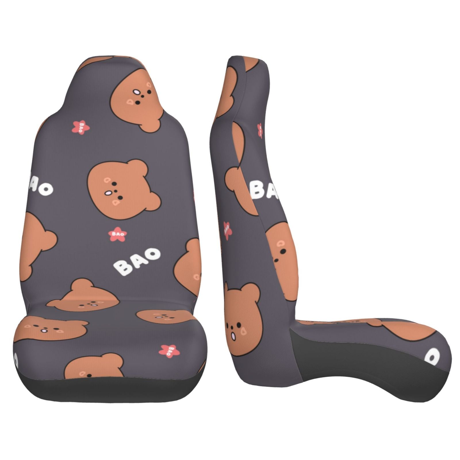 TEQUAN Front Seat Covers， Brown Cartoon Bear Pattern 2 Piece Car Seat Cover Fit Most Car SUV Truck Van