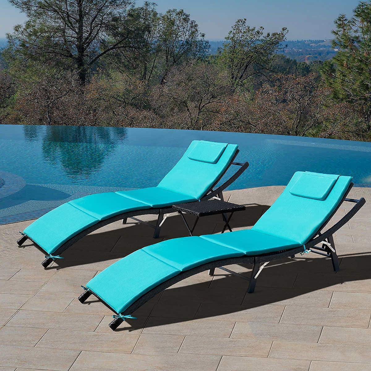 Lacoo 3 Pieces Patio Furniture Outdoor Patio Lounge Chair Adjustable Folding Lawn Poolside Chaise Lounge Chair PE Rattan Patio Seating with Folding Table and Blue Cushion