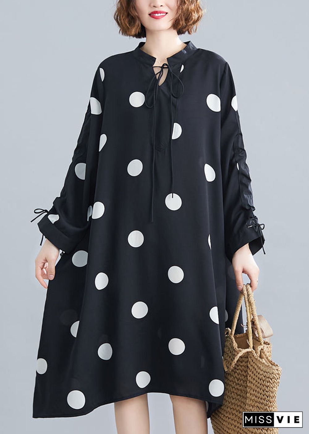 Plus Size Black Dot Lace Up Patchwork Chiffon Dresses Fall