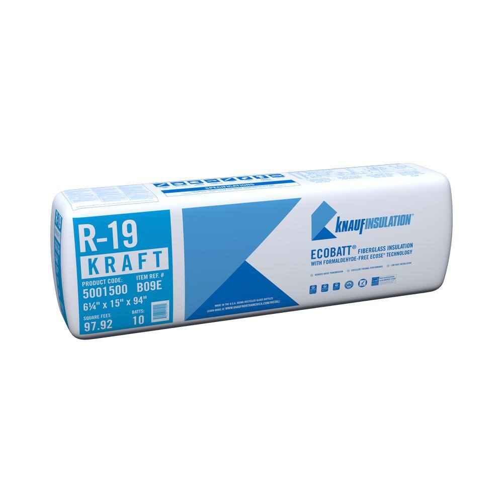 Knauf Insulation R-19 EcoBatt Kraft Faced Fiberglass Insulation Batt 6-14 in. x 15 in. x 94 in. 5001500