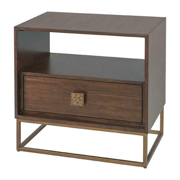 25” Brown Walnut Wood Side Table with Storage Drawers