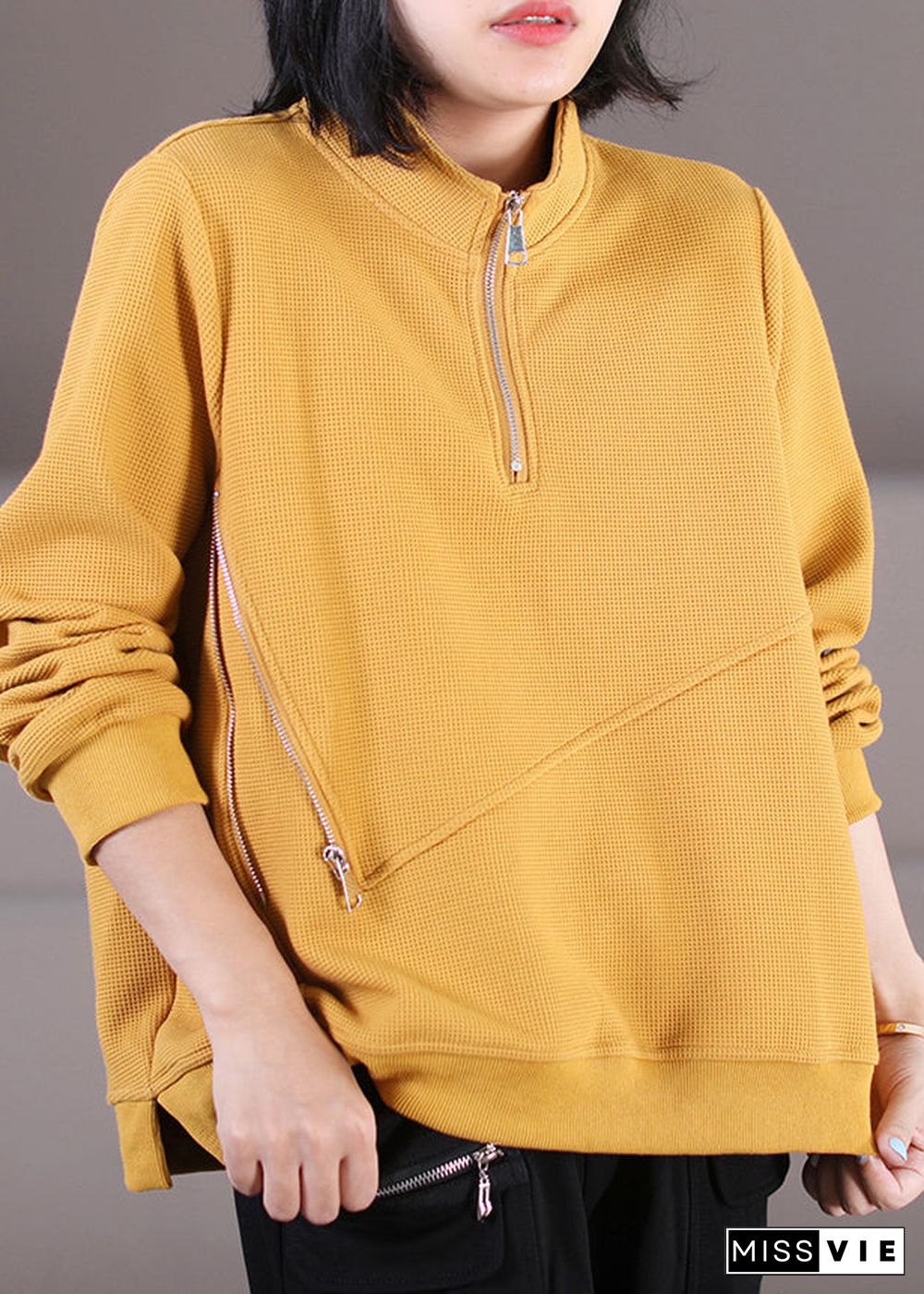 Yellow Stand Collar Side Open Sweatshirt Fall