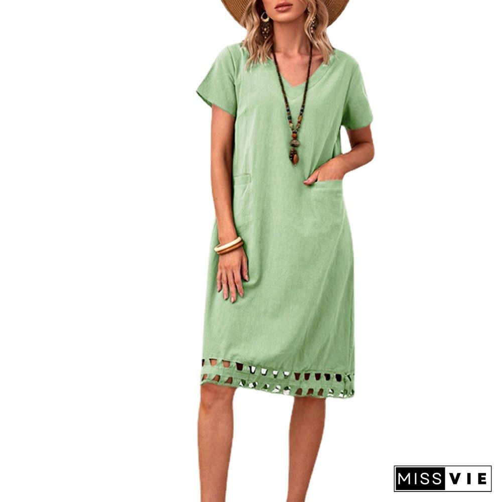 Fashionable And Versatile V-neck Short Sleeve Slim Solid Cotton Linen Dress