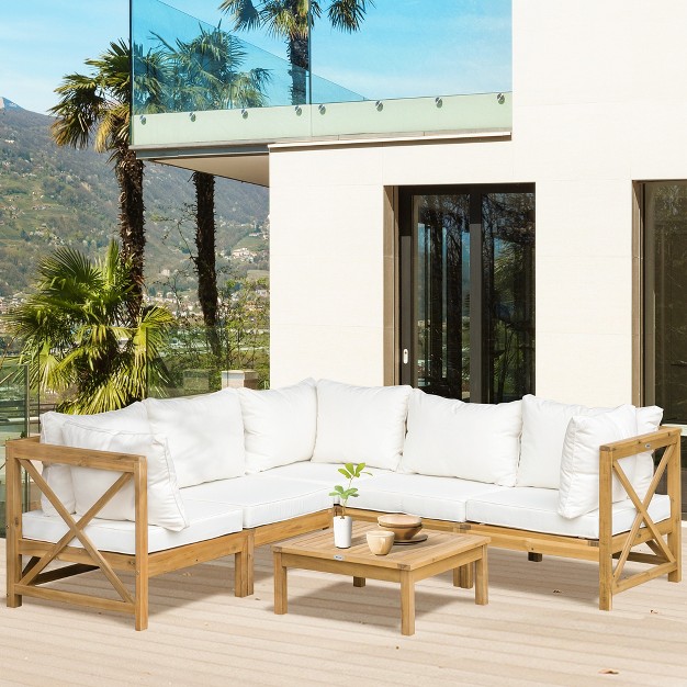 Outsunny 6 Piece Wood Patio Furniture Set Outdoor Sectional Sofa With Cushions And Coffee Table Acacia Wood Conversation Set Couch Cream White