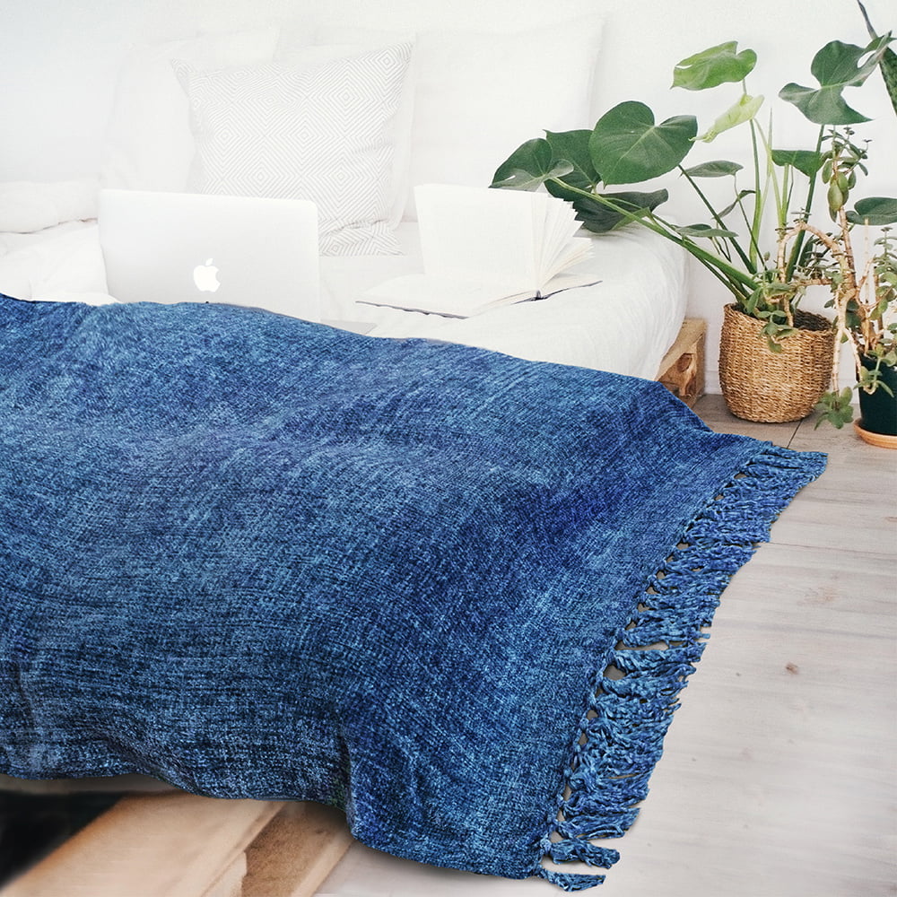 PAVILIA Chenille Tassel Fringe Throw Blanket | Velvety Textured Decorative Knit Throw for Sofa Couch Bed | Soft Boho Woven Cozy Lightweight Knitted Throw | Blue 50 x 60 Inches